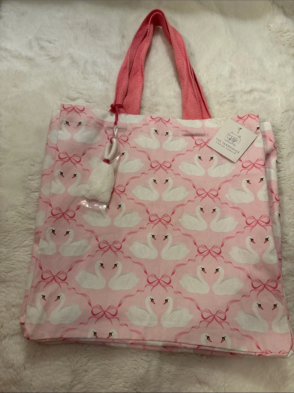 NWT, The Farmhouse Pink Swan Print Tote Bag with Tassel Accent
